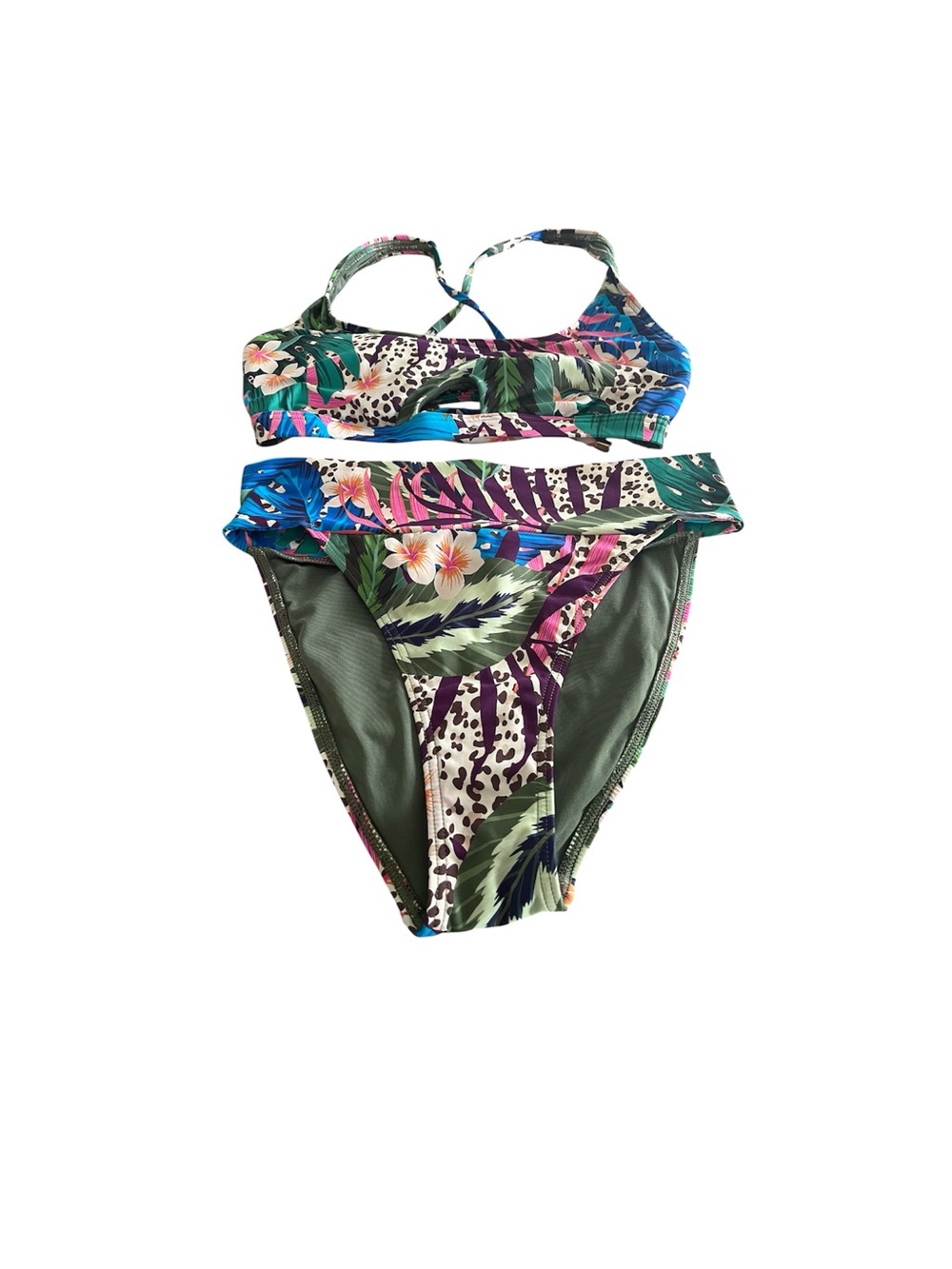 Sunsets Tropical Leaf & Floral Print Bikini Set - Green Multicolor